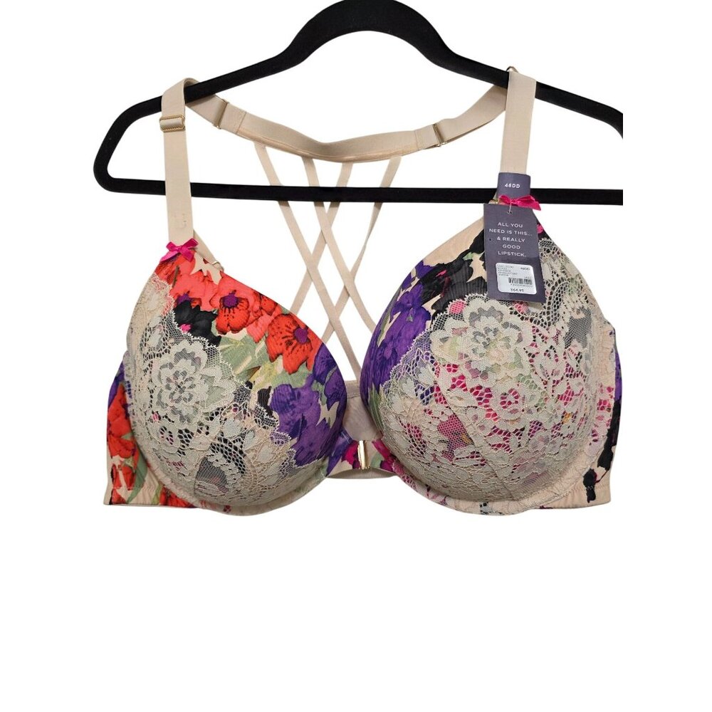 Cacique Floral Lace Front Close Bra Womens 46DD Multicolor Strappy Cage Back